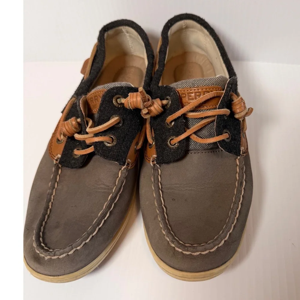 Sperry Women's Boat Shoes‎ Grey Tan Leather Fabric Lace Up Size 7M